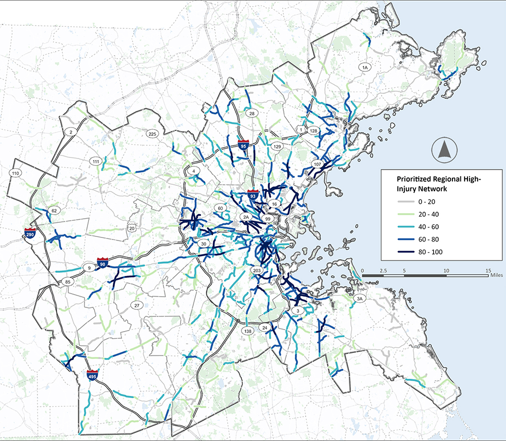 A map of the Boston area with the MPO region enclosed in a border. A Prioritized Regional High Injury Network, consisting of highlighted highest, scoring roadway segments, is overlayed on the map. Most high scoring, highlighted road segments are in the city of Boston, communities to the immediate north, and stretching along major roads to the northeast. There are also notable clusters around Waltham, Framingham, Milford, Newton, Quincy/Weymouth, areas of Roxbury, Grove Hall, South End, and Dorchester, and several communities to the immediate north of Boston, including Lynn and Salem. 